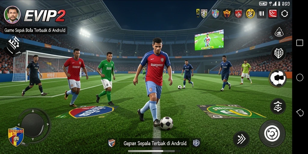 Screenshot menunjukkan aksi seru dalam permainan sepak bola EVIP2.