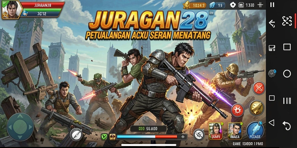 Tampilan gameplay JURAGAN28 dengan aksi mendebarkan dan karakter beragam.