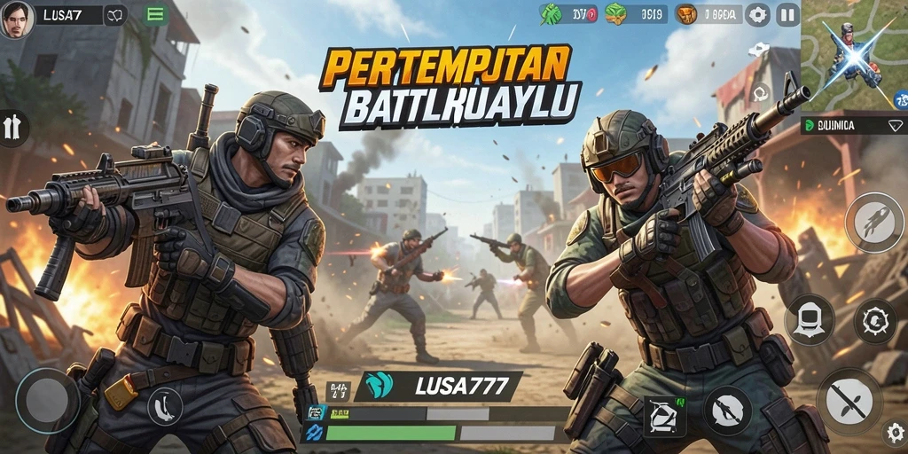 Screenshot utama LUSA777 menampilkan aksi pertempuran dalam mode Battle Royale.