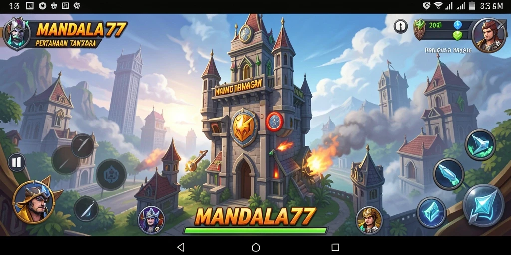 Screenshot gameplay MANDALA77 menampilkan aksi menara pertahanan yang seru dan strategis.