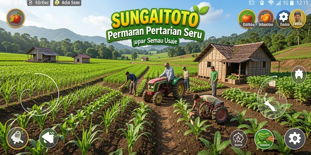 Gameplay SUNGAITOTO menampilkan petani yang merawat ladang dan hewan.