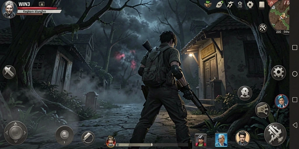 Screenshot gameplay menegangkan dari WIN33 yang menampilkan kegelapan yang mengintimidasi.